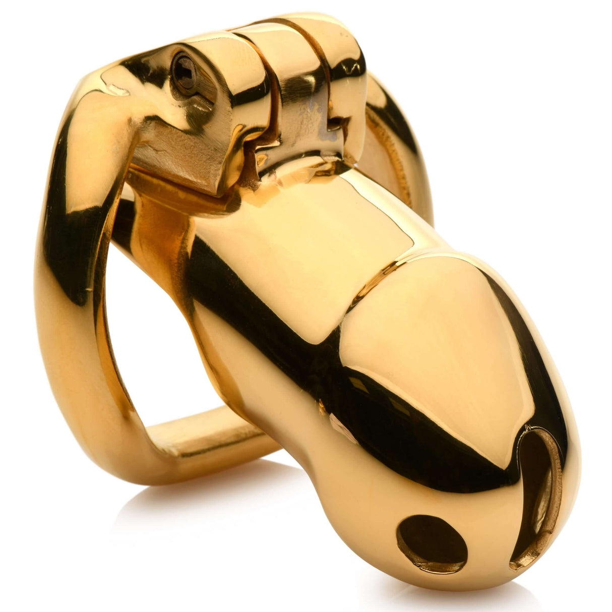 Master Series Midas 18K Gold-Plated Locking Chastity Cage with sleek design and shiny finish.
