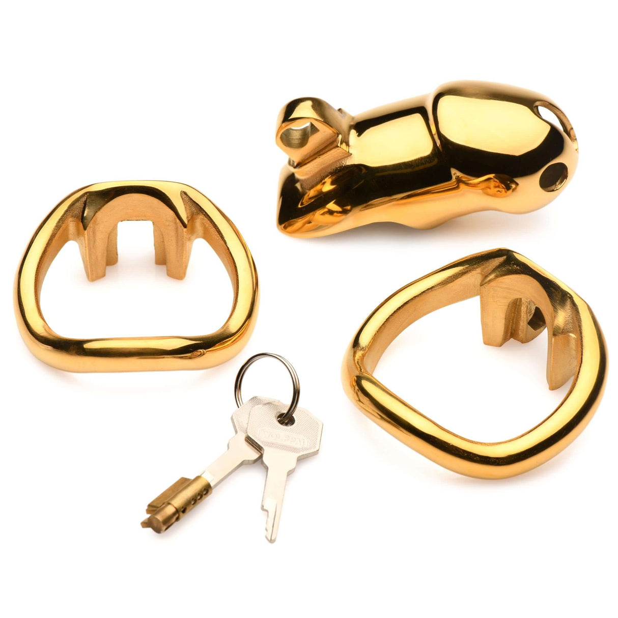 Master Series Midas 18K Gold-Plated Locking Chastity Cage with keys and components.
