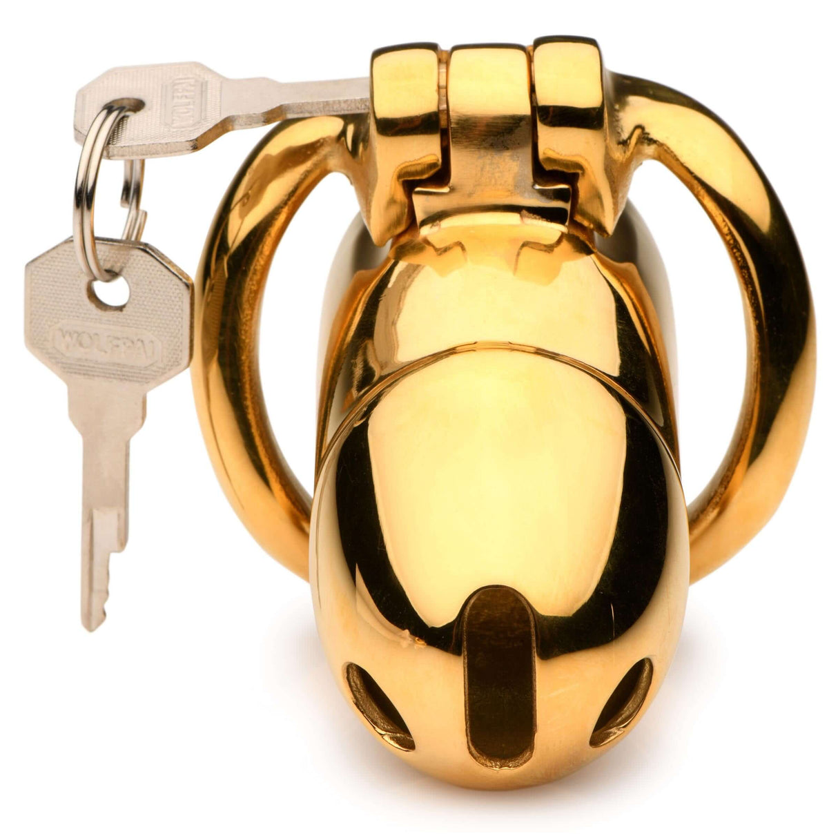 Master Series Midas 18K Gold-Plated Locking Chastity Cage with key, showcasing elegant design and durable craftsmanship.
