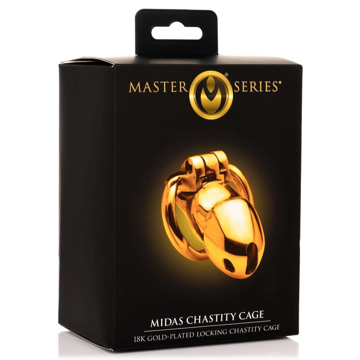 Master Series Midas 18K Gold-Plated Locking Chastity Cage packaging, showcasing its luxurious design and high-quality craftsmanship.