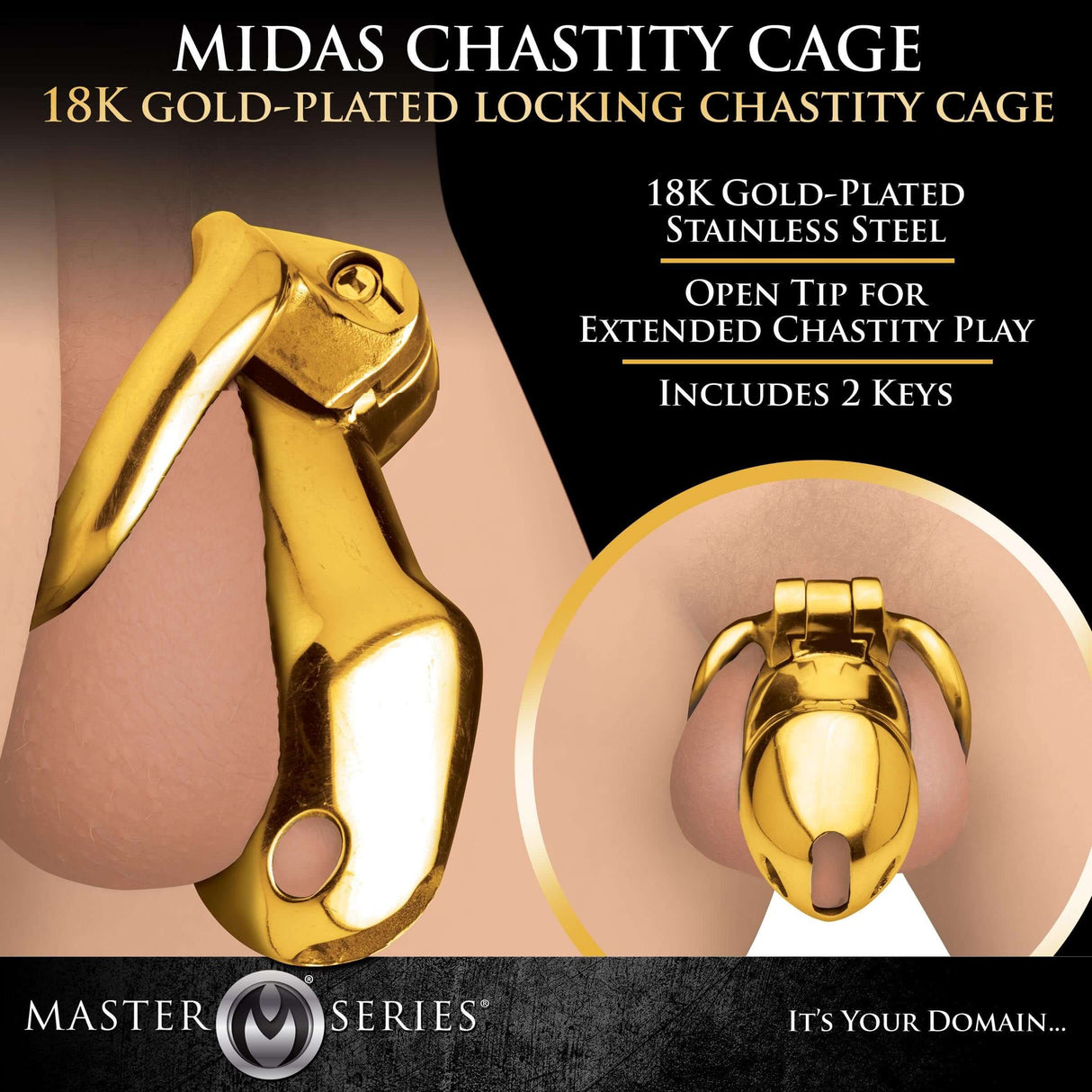 Master Series Midas 18K Gold-Plated Locking Chastity Cage showcasing its gold finish and locking mechanism.