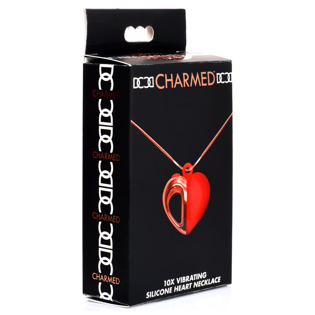 10X Vibrating Silicone Heart Necklace in stylish packaging with red heart pendant and rose gold accents.