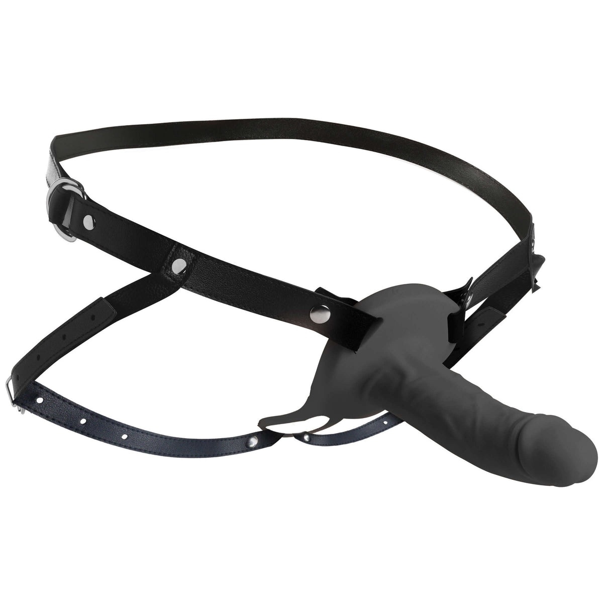 2 Inch Erection Realistic Silicone Penis Sheath Black attached to a comfortable harness for secure use.