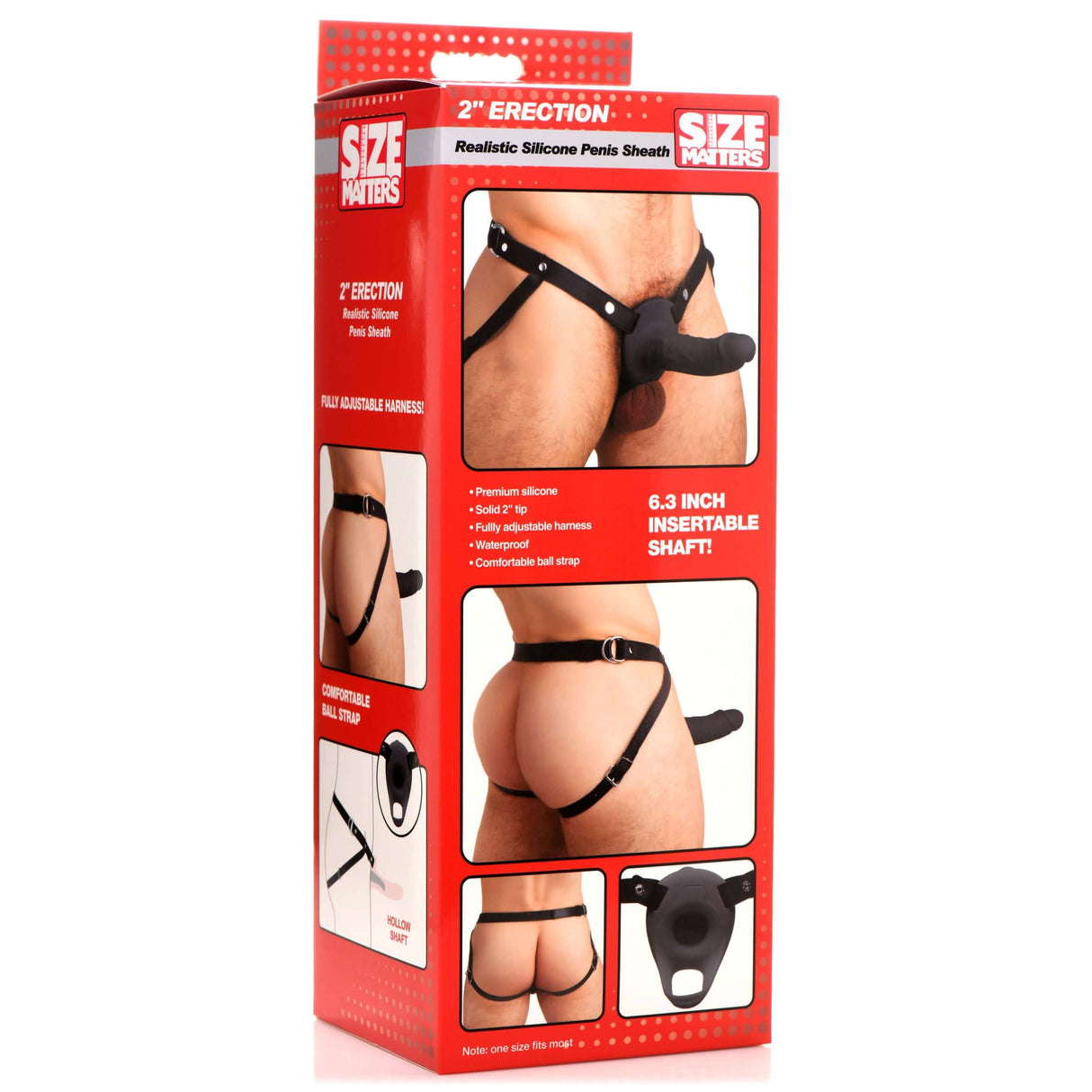 2 Inch Erection Realistic Silicone Penis Sheath Black packaging showcasing features and details of the product.