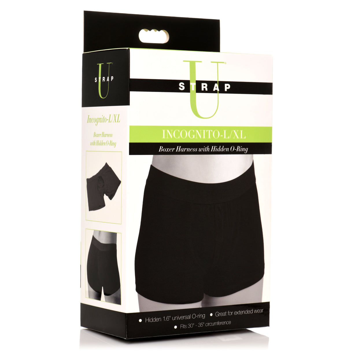 Incognito Boxer Harness with Hidden O-Ring L XL packaging showcasing features and design; perfect for discreet wear.