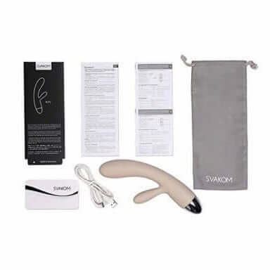 Svakom Alice Rabbit Vibrator Khaki with charger, instructions, and storage pouch for enhanced pleasure and convenience.