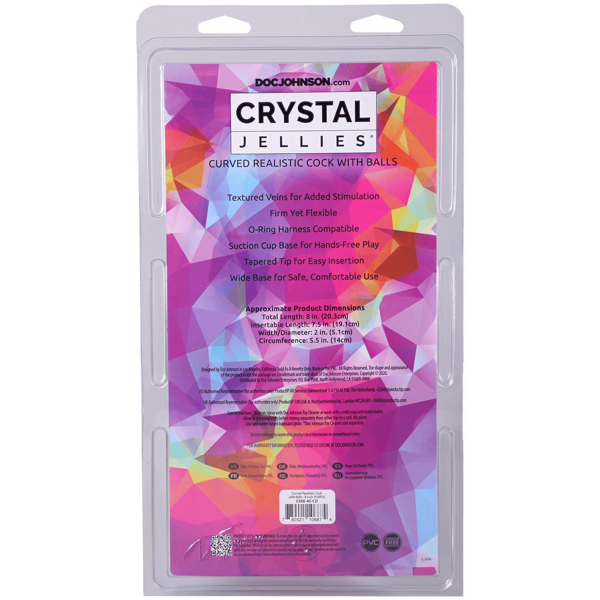 Crystal Jellies Curved Realistic Cock With Balls 8 Inch Purple packaging with features and dimensions listed.