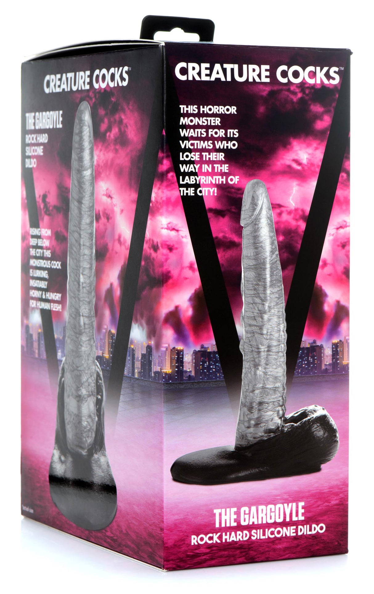 The Gargoyle Rock Hard Silicone Dildo Silver packaging featuring its textured design and bold branding.