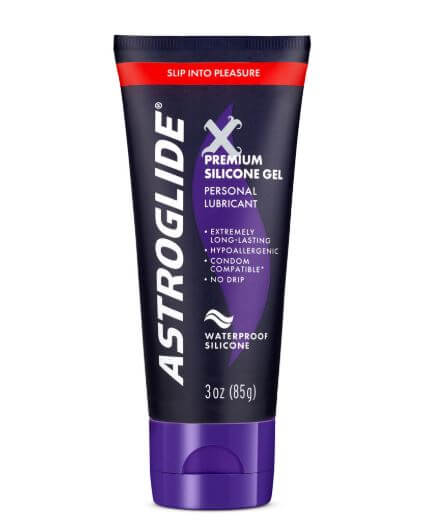 Astroglide X Premium Silicone Gel 3 Oz personal lubricant tube with waterproof silicone formula.