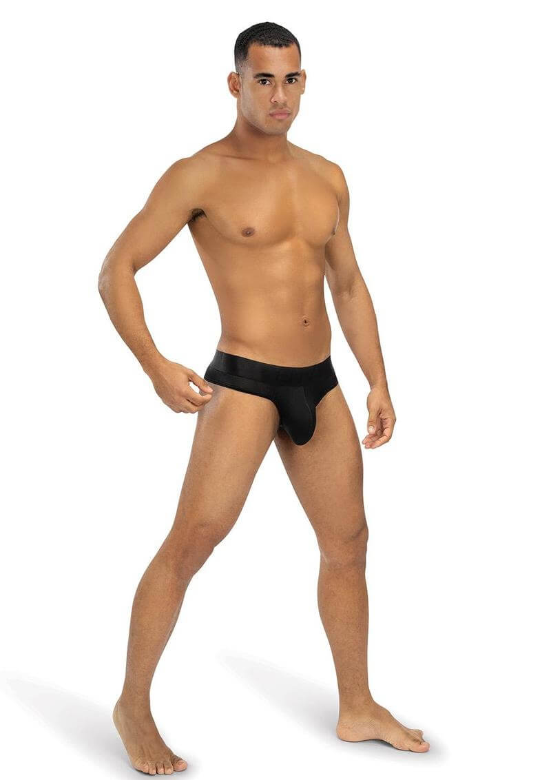 Model showcasing Envy Midnight Athletics Thong Black Large XL from the front, emphasizing its ergonomic design and comfort.