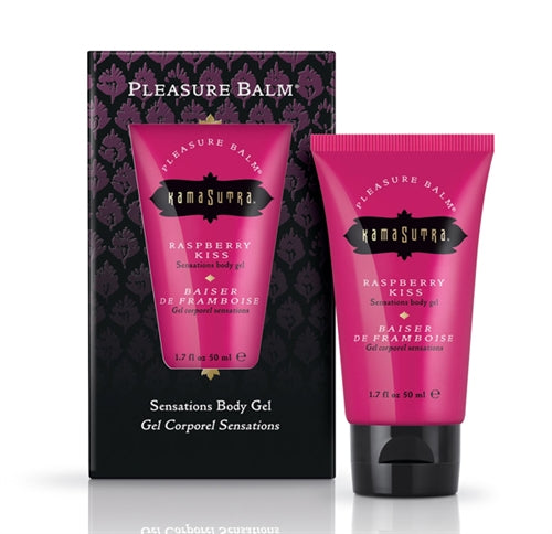 Kama Sutra Pleasure Balm Sensations Body Gel Raspberry Kiss 1.7 Oz packaging with pink tube and box design.