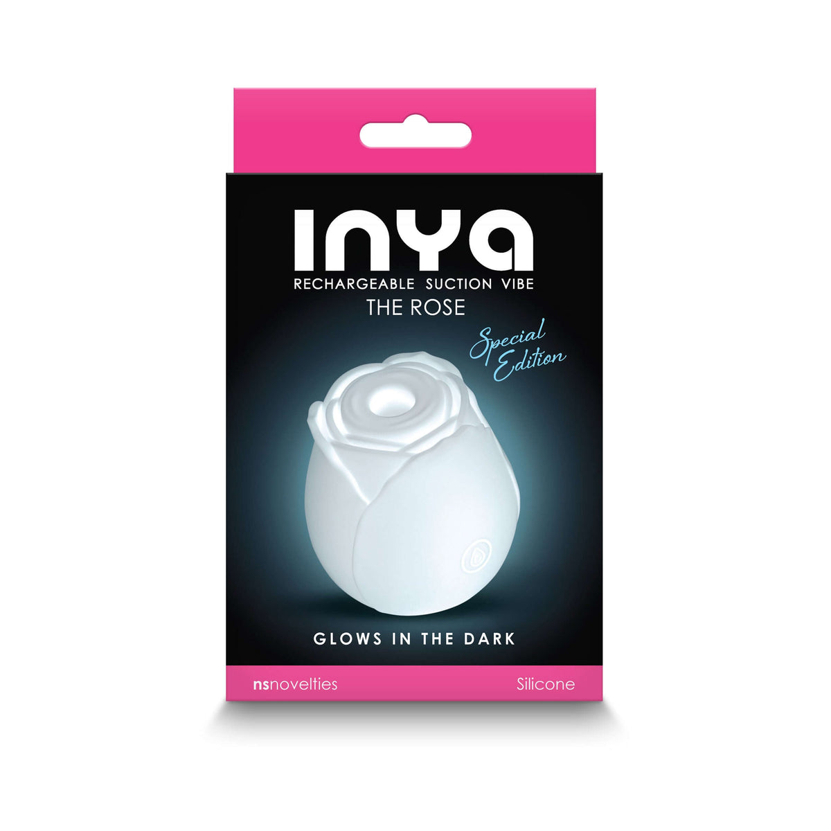 Inya the Rose Glow in the Dark Suction White elegant packaging featuring a special edition design that glows in the dark.
