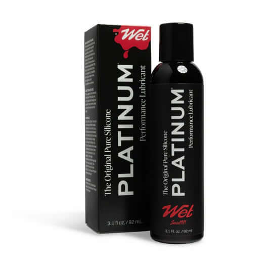 Wet Platinum Luxury Silicone Lubricant 3.1 Oz bottle and box packaging showcasing premium personal lubricant.