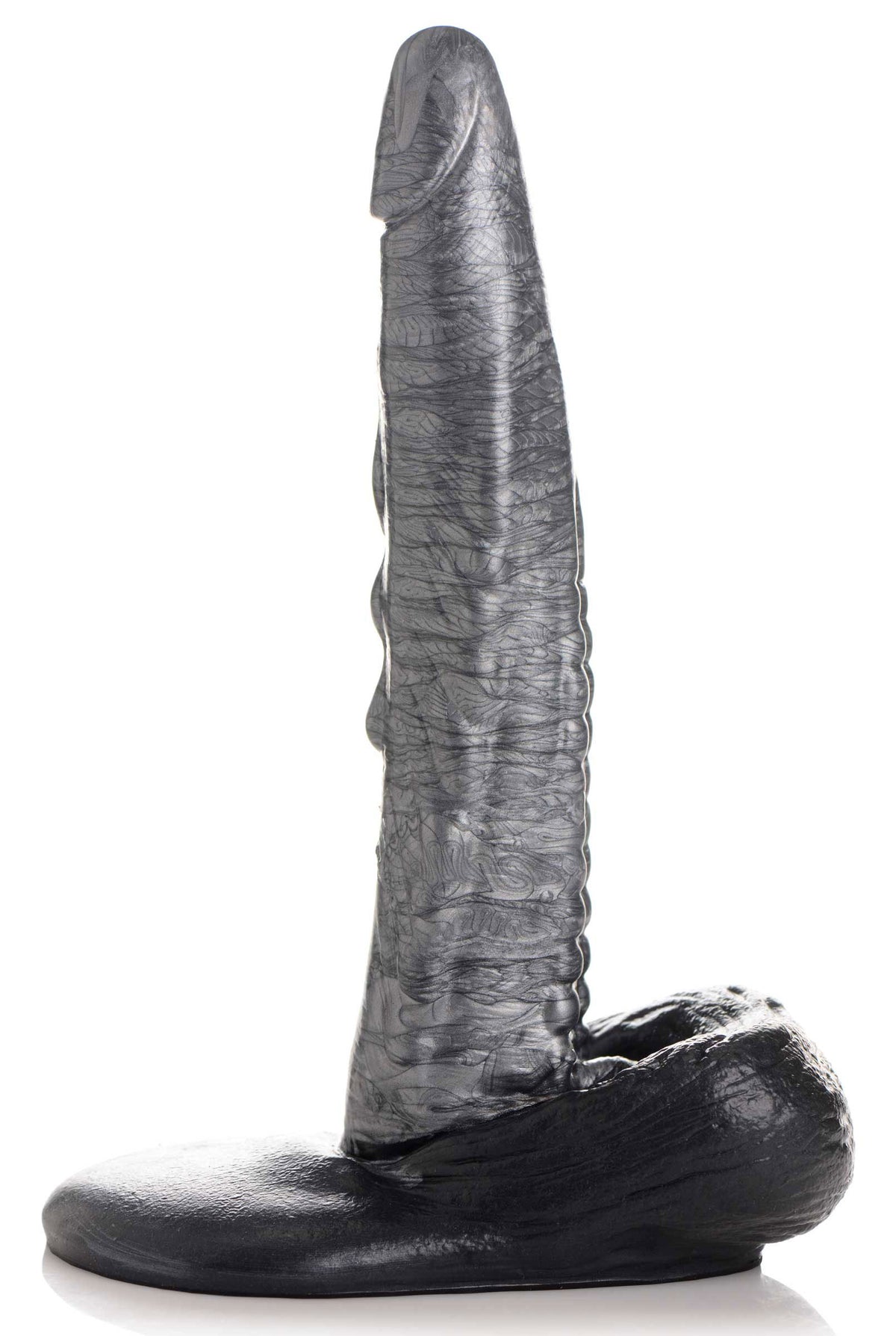 The Gargoyle Rock Hard Silicone Dildo Silver profile view showcasing its ridges and flanged base.