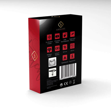 Back of the box for Secret Touch Vibrating Panty Vibe with Remote Control showcasing features and icons.