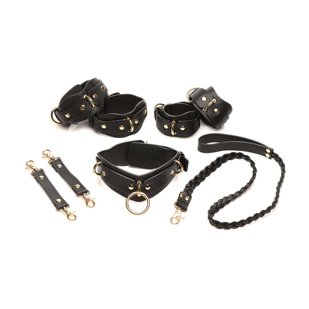 Bedroom Bliss Lover's Restraints Set in black vegan leather with cuffs, collar, leash, and connectors.