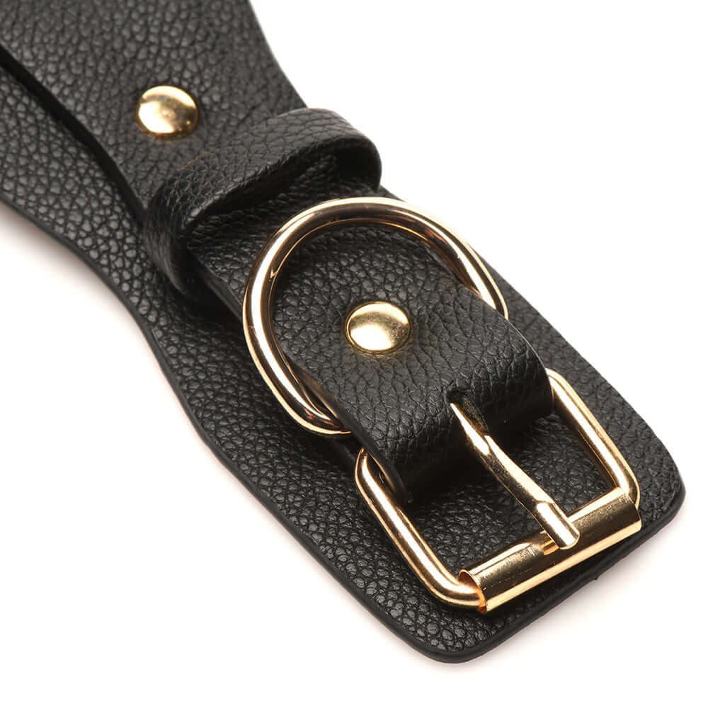Close-up of a black vegan leather strap with gold buckle, part of a lover's restraints set.