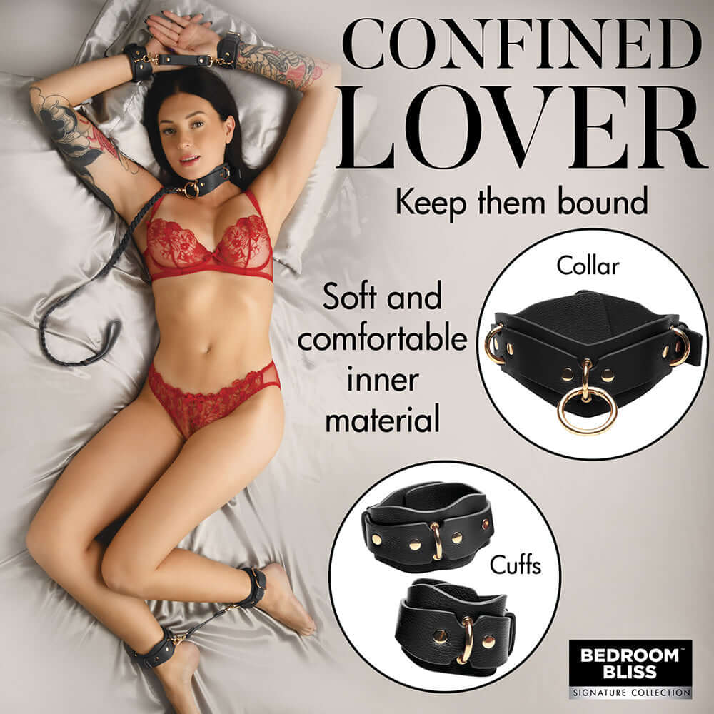 Bedroom Bliss Lover's Restraints Set with collar and cuffs in black, soft vegan leather, perfect for intimate pleasures.
