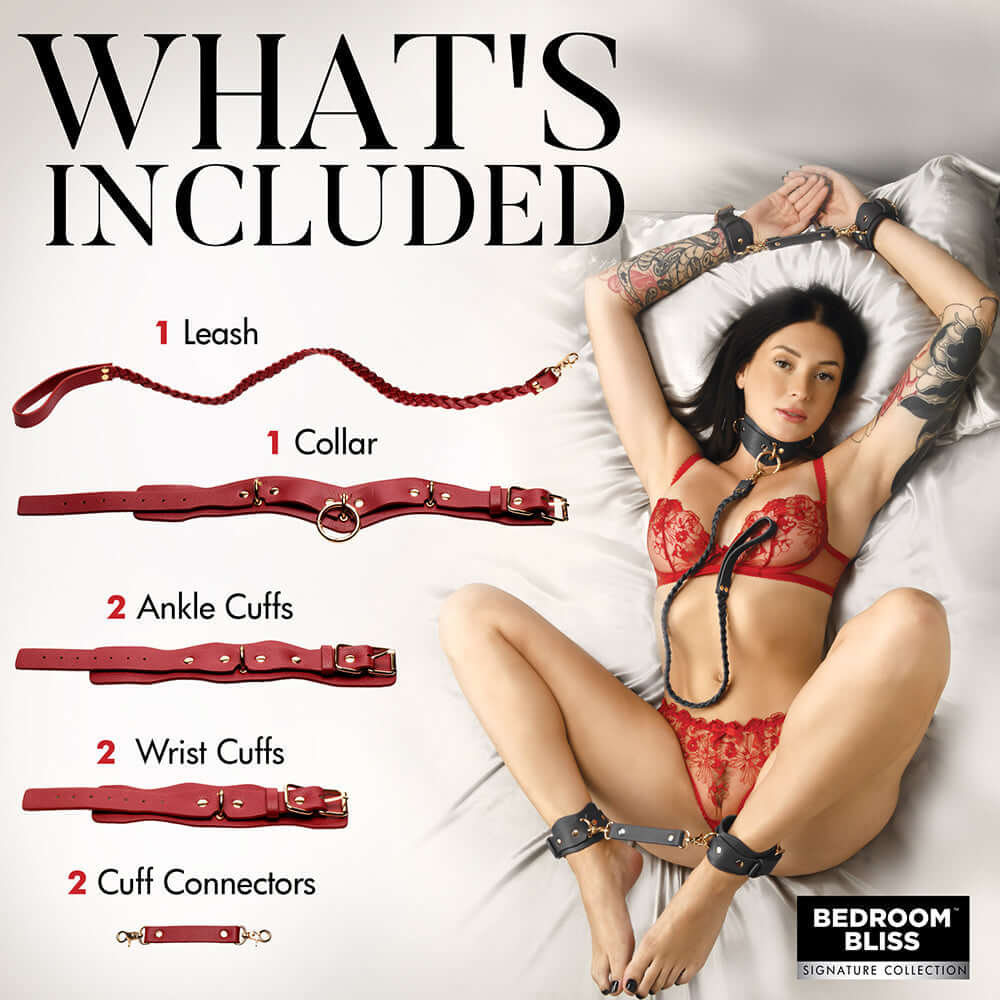 Bedroom Bliss Lover's Restraints Set in red, featuring cuffs, collar, leash, and connectors for a daring experience.