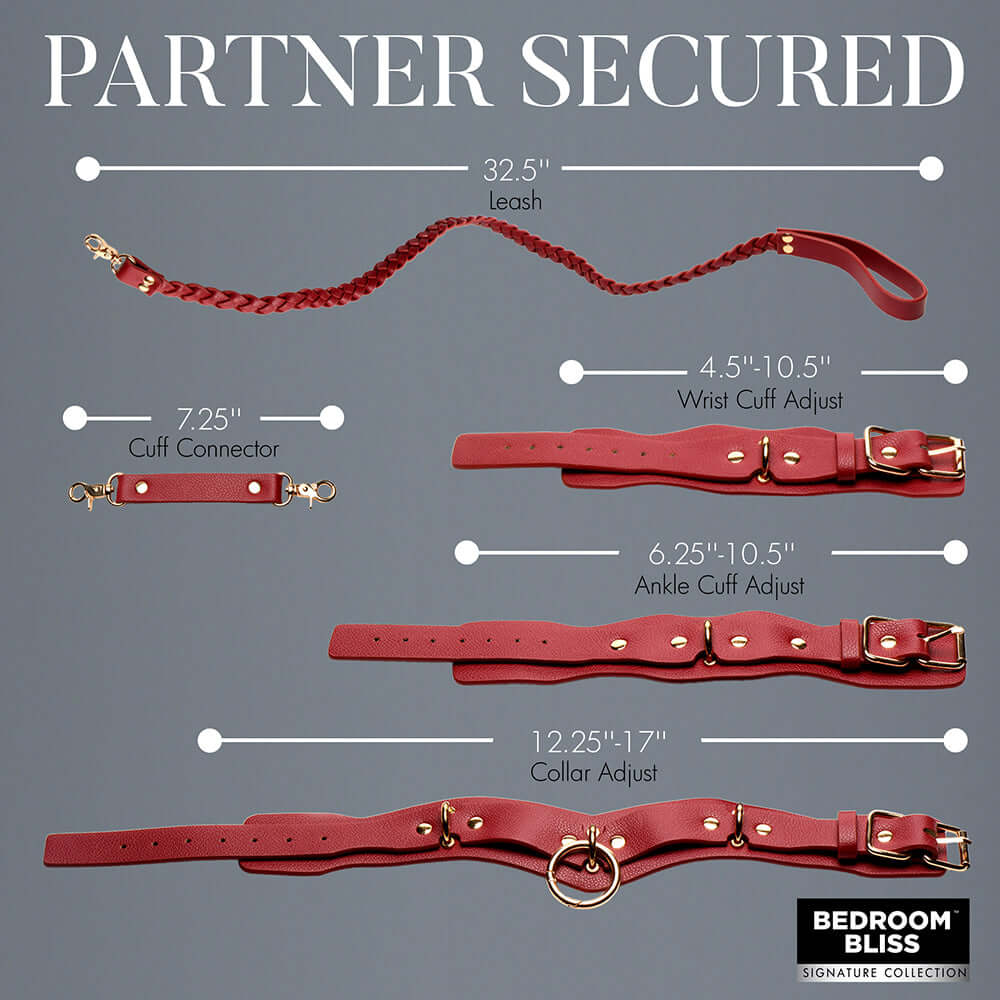 Bedroom Bliss Lover's Restraints Set in red, featuring adjustable cuffs, collar, leash, and cuff connector for intimate play.