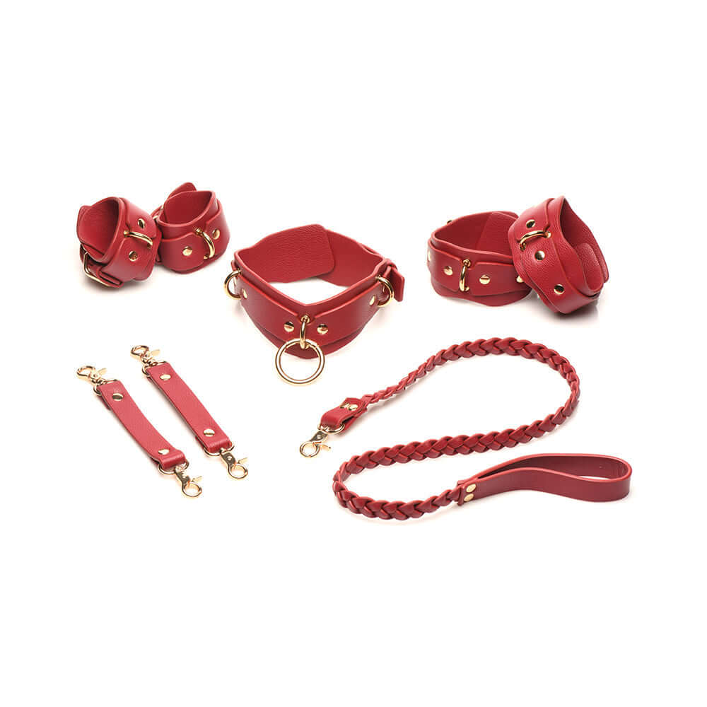 Red vegan leather bedroom restraints set with cuffs, collar, leash, and connectors for playful intimacy.
