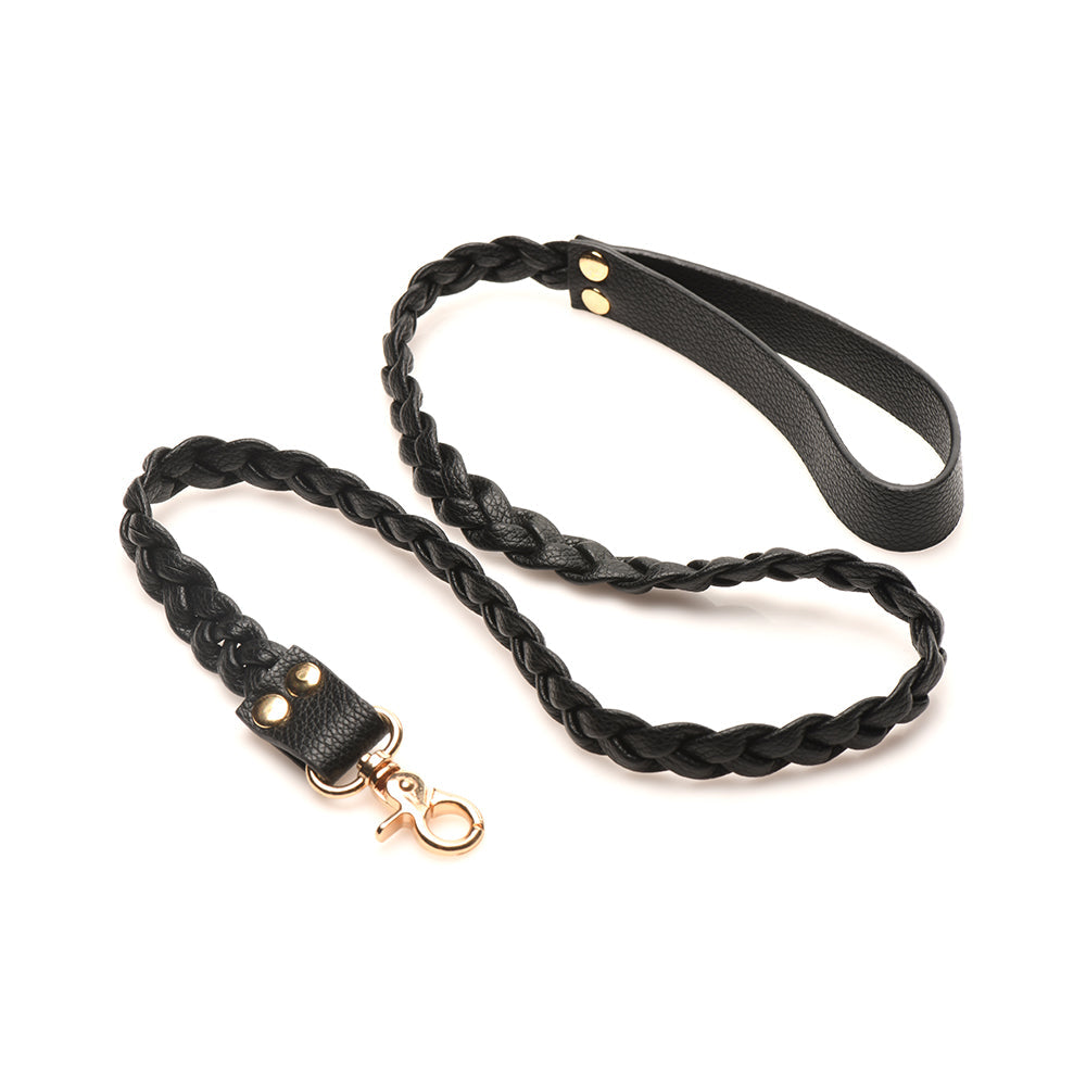 Black braided leash made of vegan leather with gold clasp, part of the Bedroom Bliss Lover's Restraints Set.
