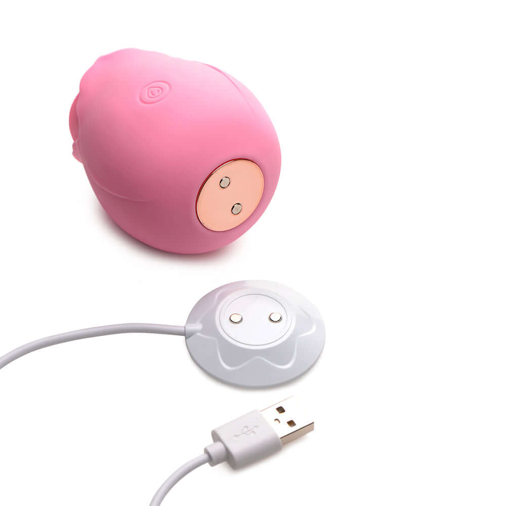 Bloomgasm 10X Wild Rose Silicone Clit Stimulator in pink with charging cable.