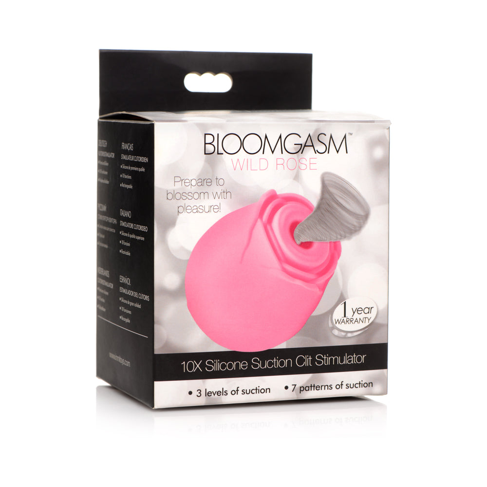 Bloomgasm Wild Rose 10X Silicone Suction Clit Stimulator in pink packaging, designed for ultimate pleasure and comfort.