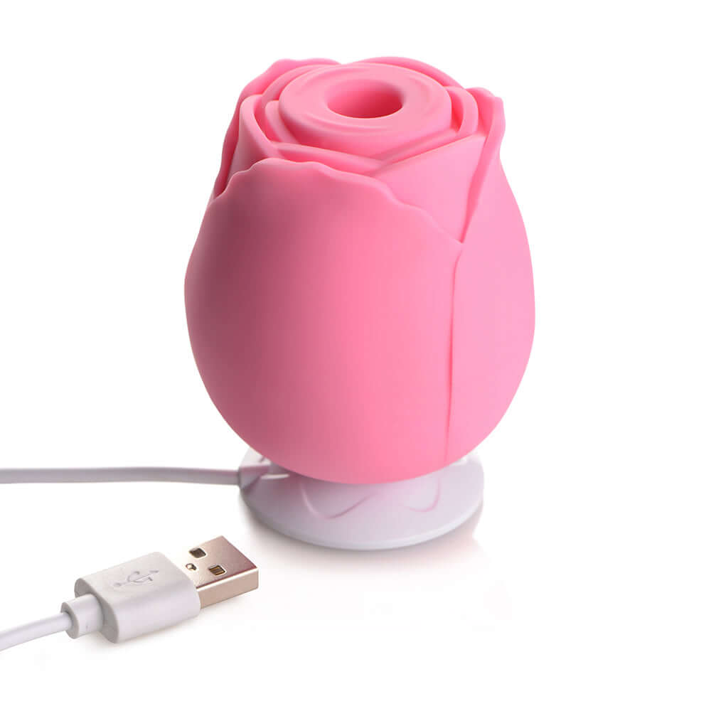 Pink silicone rose clit stimulator with USB charger for pleasure enhancing experiences.