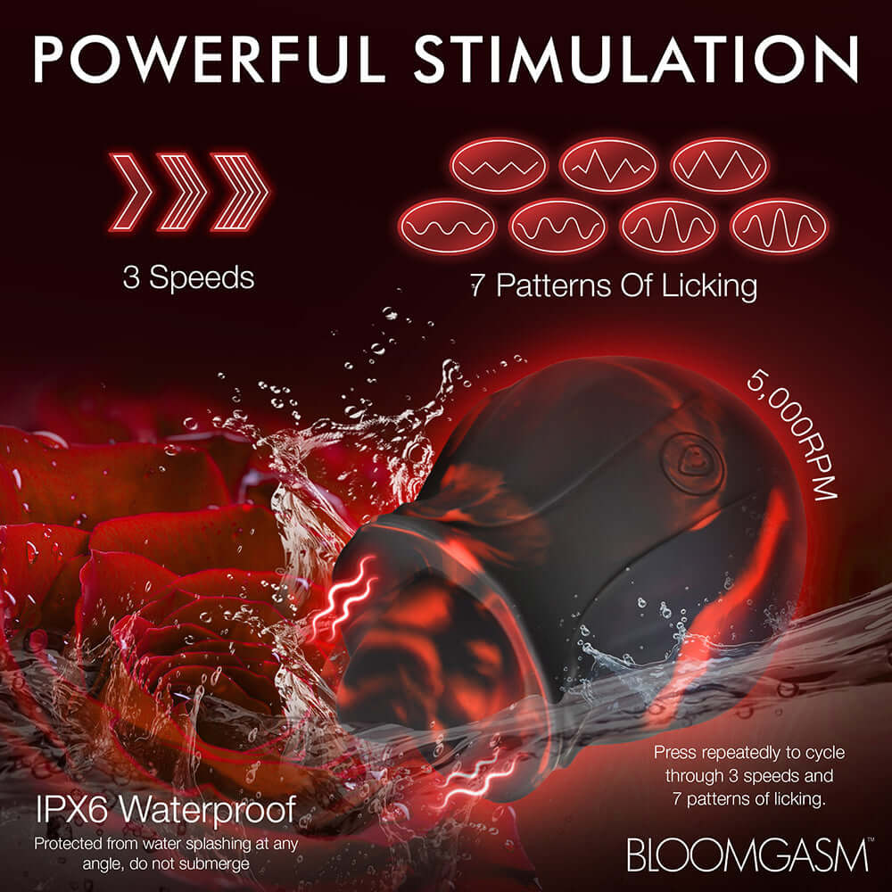 Bloomgasm Black Kiss Rimming Rose with 3 speeds, 7 licking patterns, and waterproof design for intense pleasure.