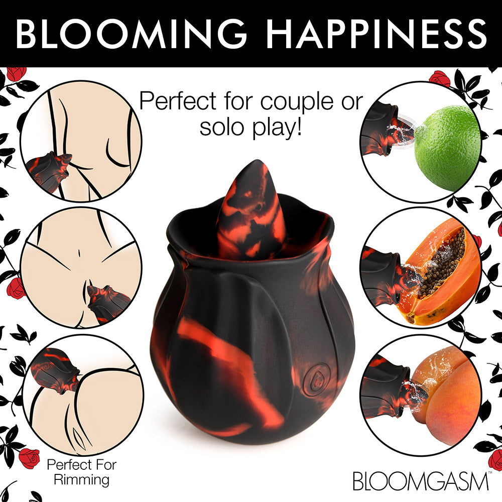 Bloomgasm Black Kiss Rimming Rose for solo or couple play, showcasing its versatile design and silky silicone material.