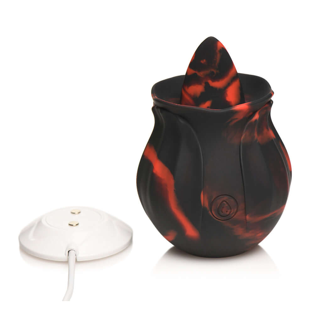 Bloomgasm Black Kiss Rimming Rose in black and red silicone with a control base for pleasure enhancement.