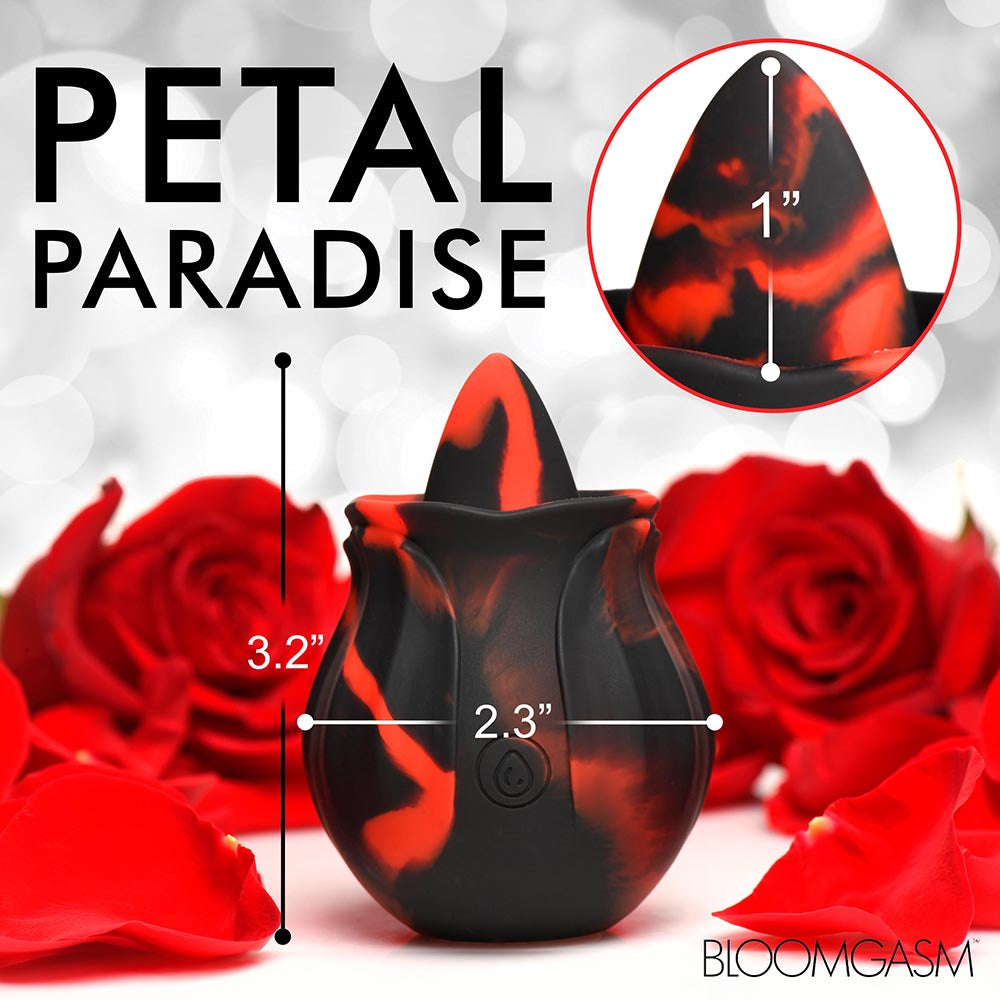Petal Paradise vibrator in red and black on a background of red roses, showcasing size dimensions for pleasure play.