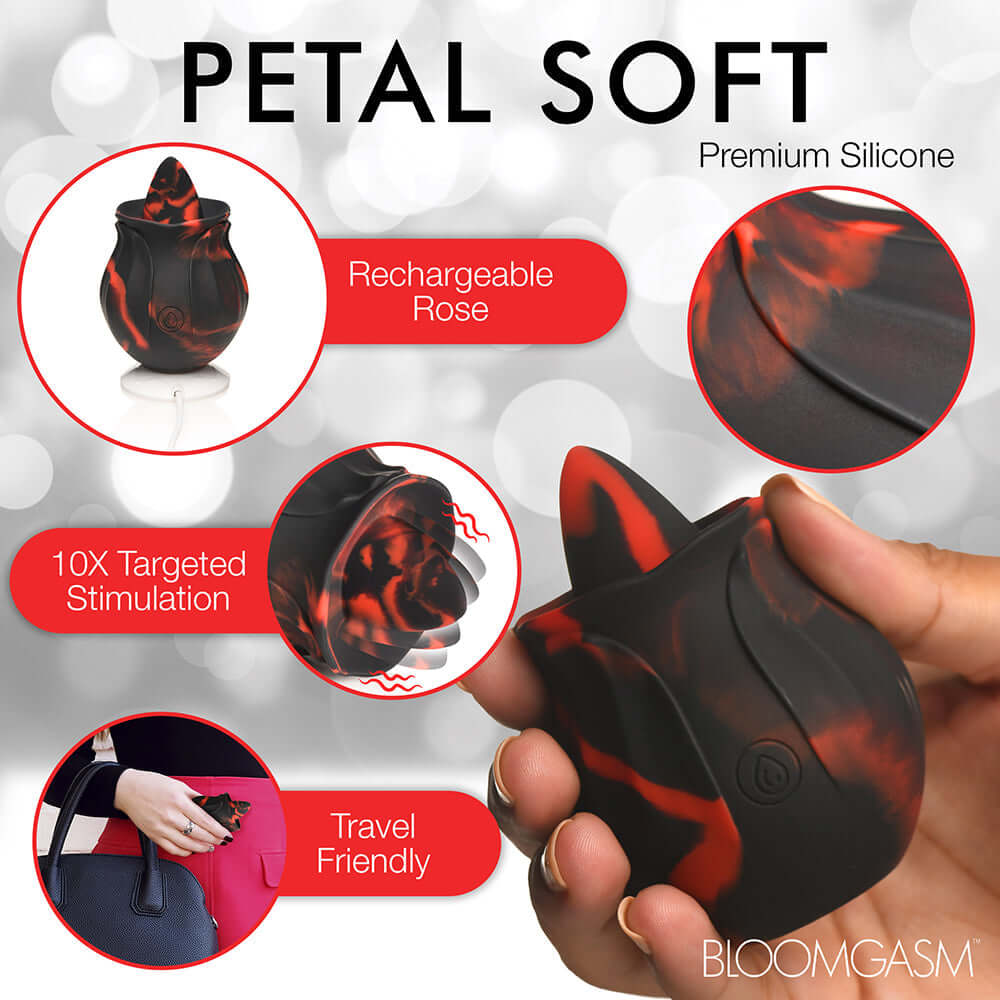 Petal Soft rechargeable rose toy made of premium silicone, offering 10X stimulation and travel-friendly design.