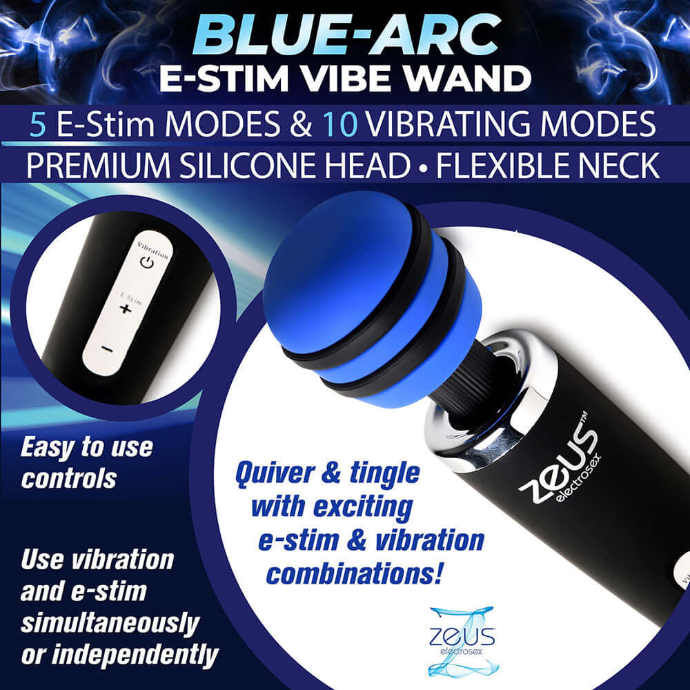 Zeus Blue-Arc E-Stim Vibrating Wand Massager showcasing controls, premium silicone head, and flexible neck.