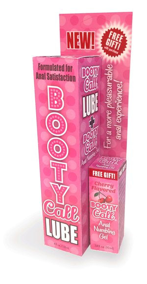 Booty Call Anal Numbing Gel 4 Oz & Gift packaging featuring cherry-flavored lubricant for enhanced anal comfort.