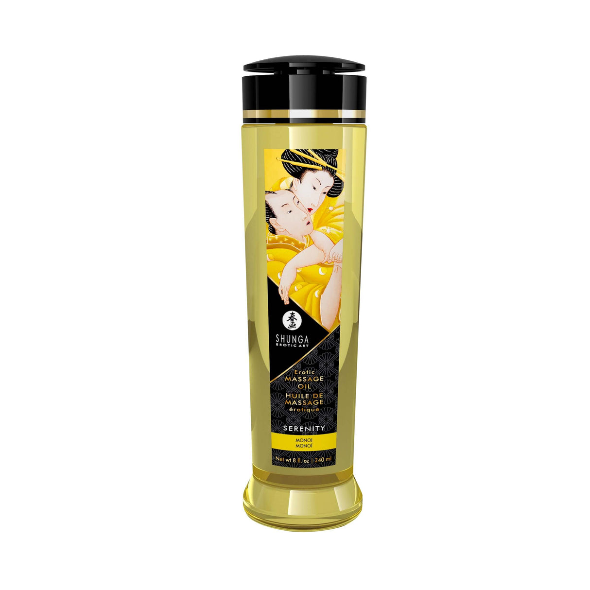 Shunga Massage Oils Serenity 8 Oz bottle showcasing luxurious massage oil for a silky-smooth glide and heightened desire.