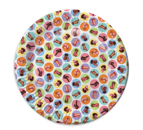Little Genie Mini Penis Plates 8 Pack Party Favor displaying a colorful assortment of playful penis designs.