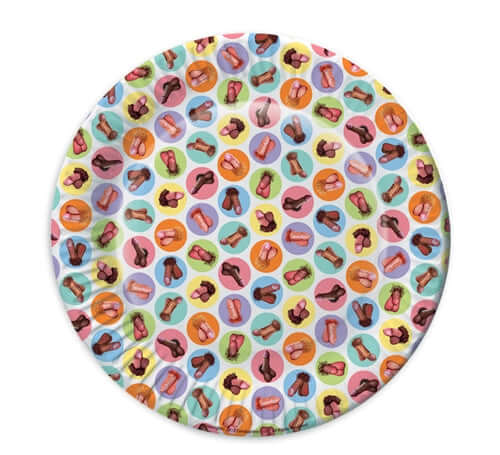 Little Genie Mini Penis Plates 8 Pack Party Favor displaying a colorful assortment of playful penis designs.
