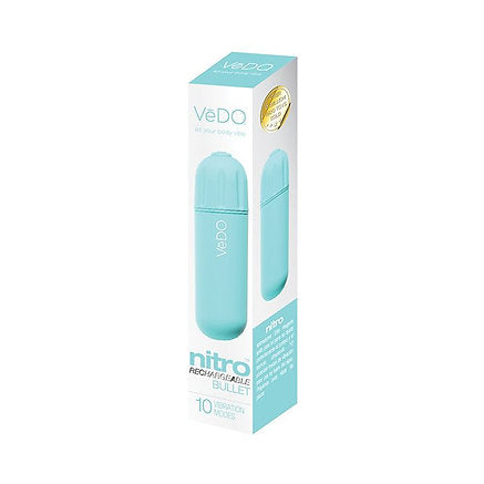 VeDo Nitro Rechargeable Silicone Bullet Vibrator Turquoise packaging showcasing its compact design and features.