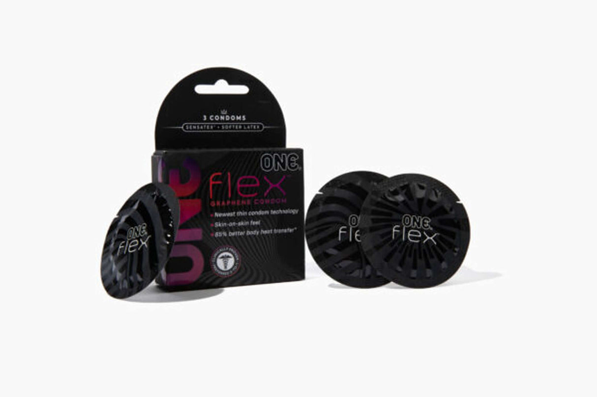 One Flex Graphene Condoms 3 Pack packaging and individual condoms displayed.