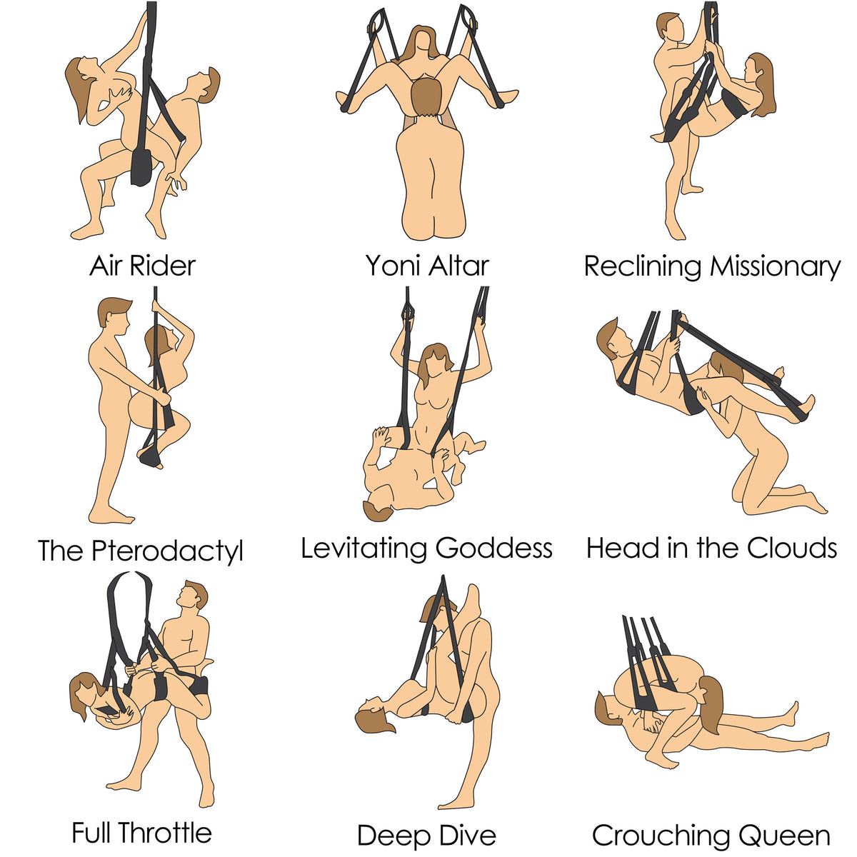Trinity Vibes Sex Swing Support System different positions illustrated including Air Rider and Yoni Altar.