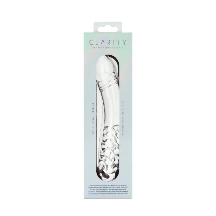 Clarity Glass Dildo Celestial Desire shown in elegant packaging, a 7.4-inch double-ended glass pleasure tool.