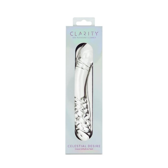 Clarity Glass Dildo Celestial Desire packaging showcasing the elegant double-ended design.