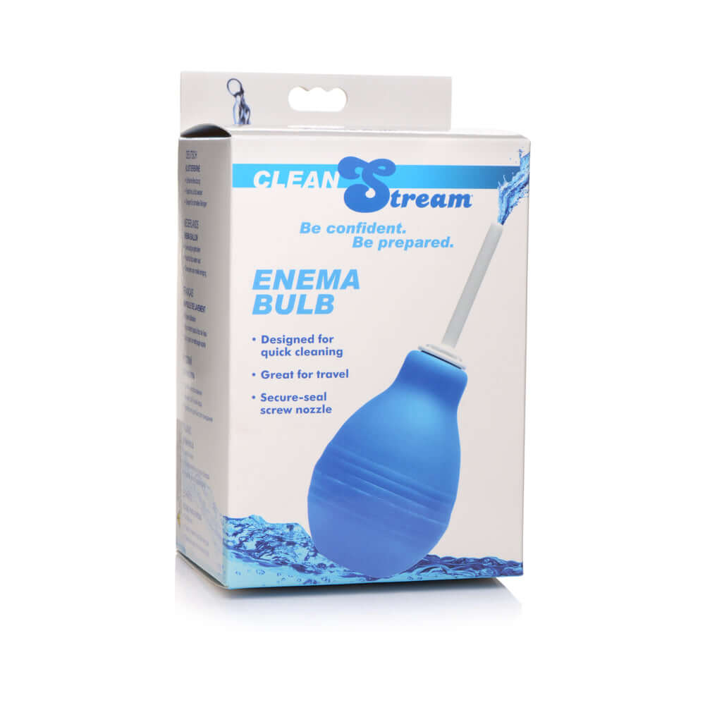 CleanStream Enema Bulb packaging, featuring blue bulb, designed for quick cleaning and travel convenience.