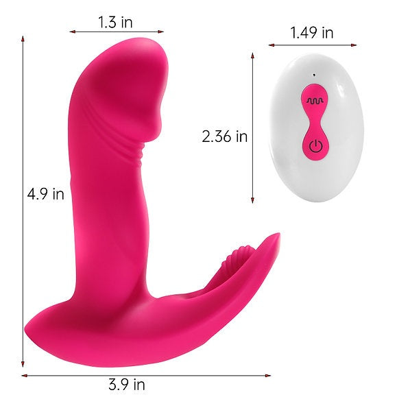 Image of Litty Clitty Remote Control Wearable Vibrator with dimensions for discreet and hands-free stimulation.