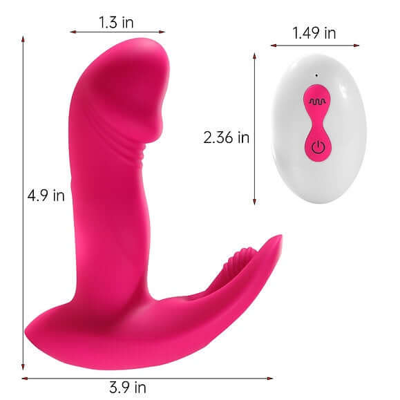 Image of Litty Clitty Remote Control Wearable Vibrator with dimensions for discreet and hands-free stimulation.