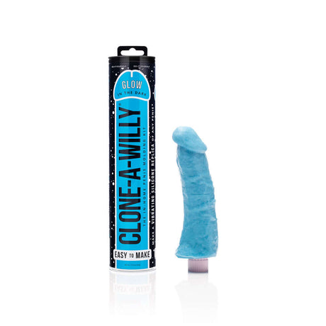 Clone-A-Willy DIY vibrating dildo kit in glow-in-the-dark blue, featuring a silicone replica next to its packaging.