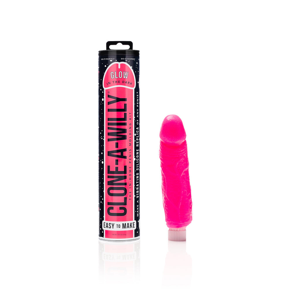 Clone-A-Willy DIY vibrating dildo kit in glow-in-the-dark hot pink with easy-to-make instructions.