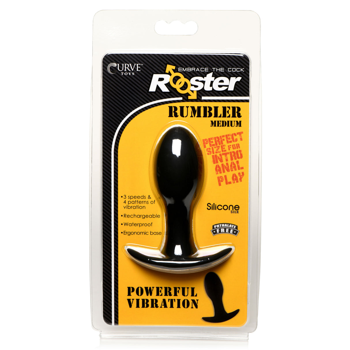 Rooster Rumbler Vibrating Silicone Butt Plug Medium packaging showcasing its features and design for anal pleasure.
